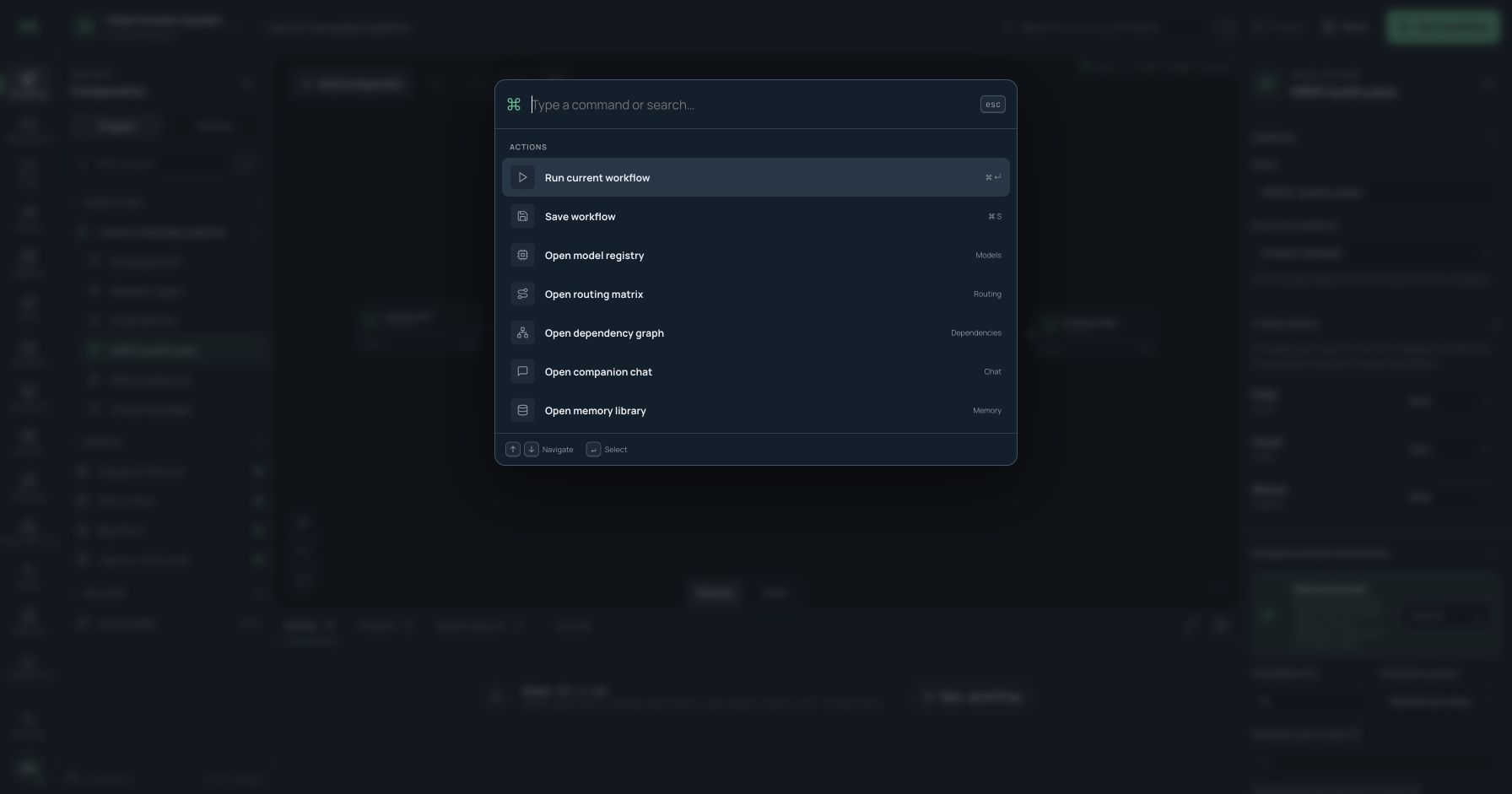Command palette with workflow, model, routing, dependency, chat, memory, skills, automation, and run actions