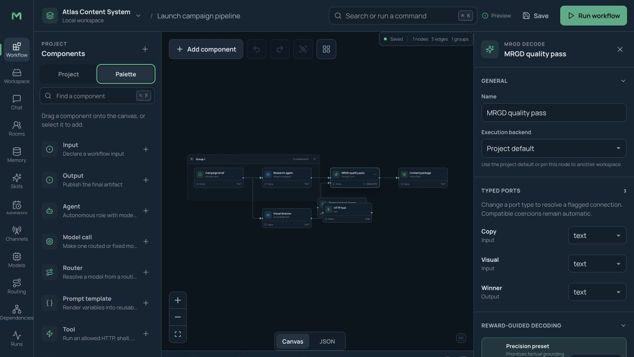 Component palette for adding agents, model calls, routing, tools, approvals, control flow, memory, and output nodes