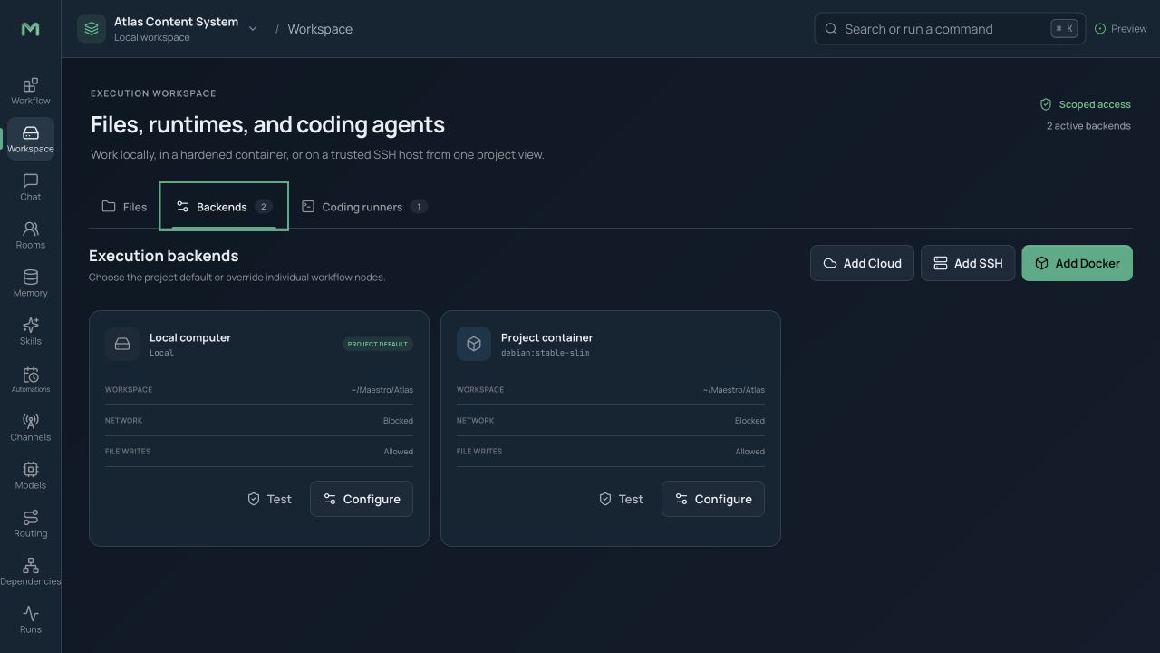 Execution backend manager showing local, Docker, SSH, and cloud environments with policy and health